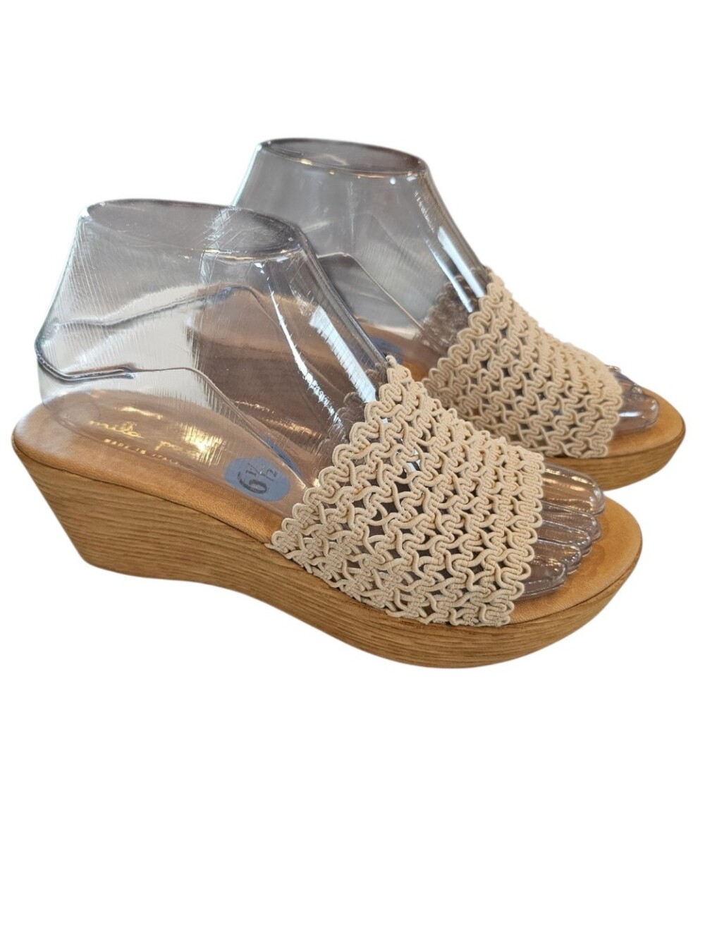 Mila Paoli Cream Colored Woven Rafia Classic Wooden Style Wedge Heel Sandal